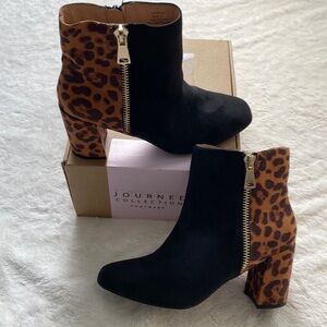 Journee “Sarah” Black and Leopard Short Ankle Boots. Size 10.